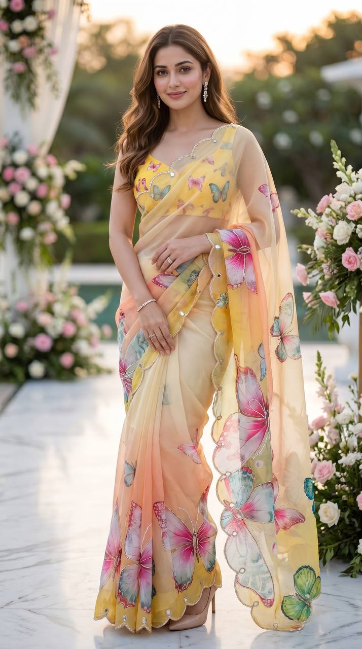 Butterfly Bloom Yellow Organza Saree with Floral Digital Print &amp; Scallop Sequin Border