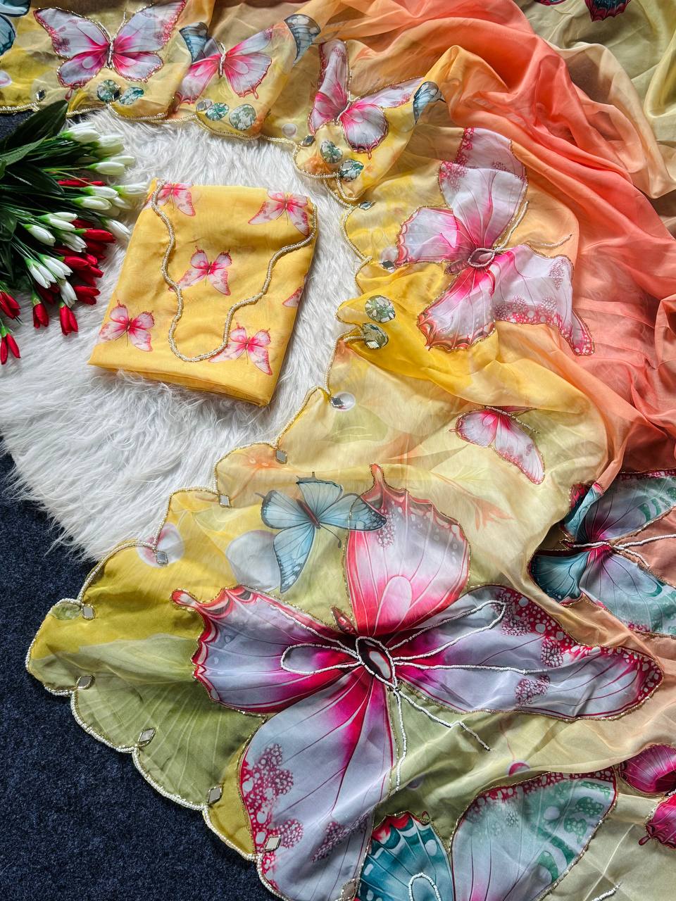 Butterfly Bloom Yellow Organza Saree with Floral Digital Print &amp; Scallop Sequin Border