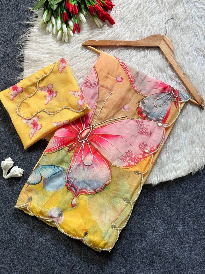 Butterfly Bloom Yellow Organza Saree with Floral Digital Print &amp; Scallop Sequin Border