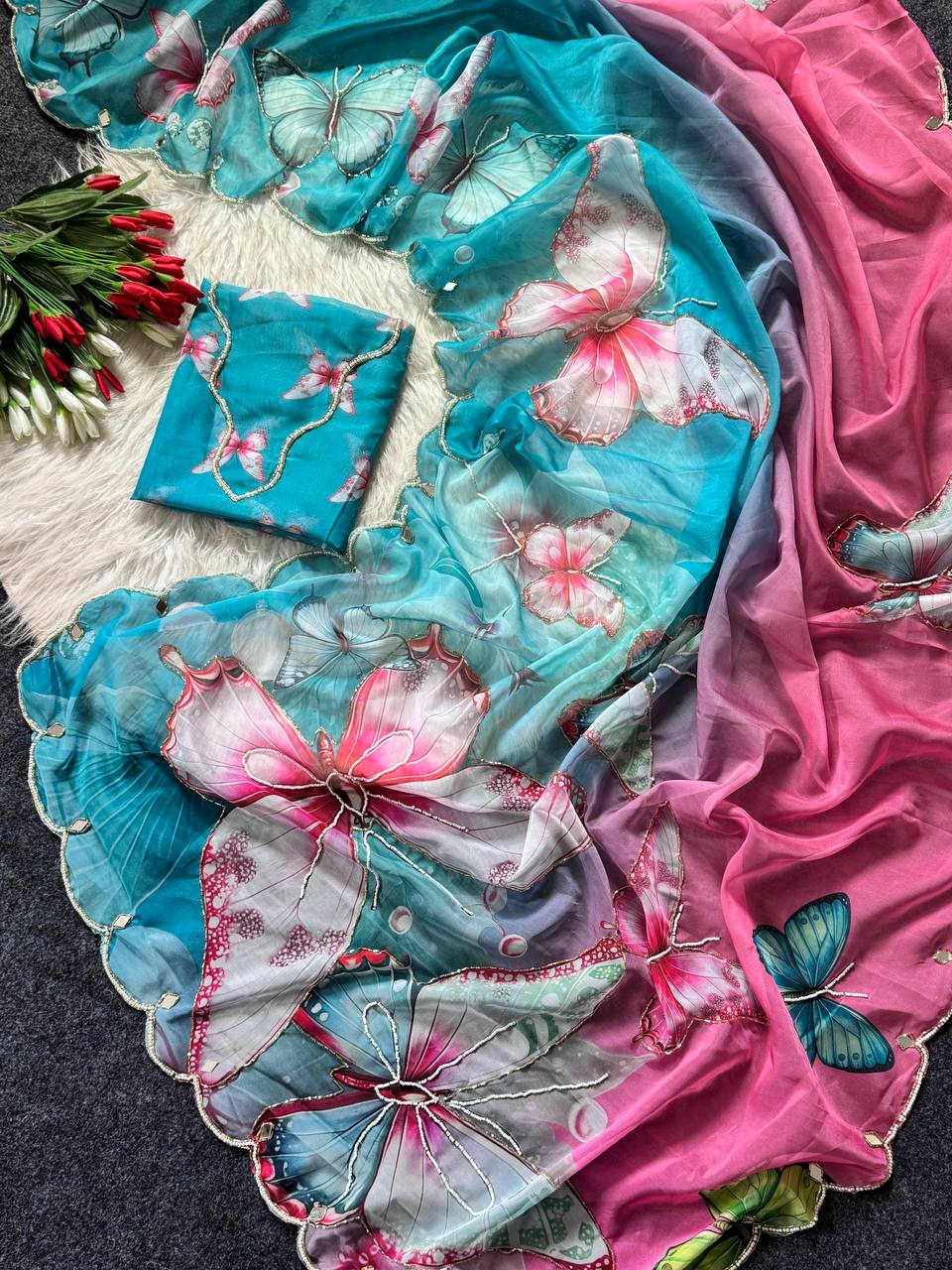 Butterfly Bloom Aqua Organza Saree with Floral Digital Print &amp; Scallop Sequin Border