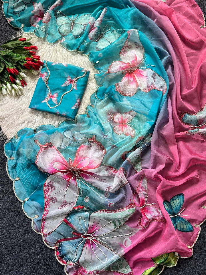Butterfly Bloom Aqua Organza Saree with Floral Digital Print &amp; Scallop Sequin Border