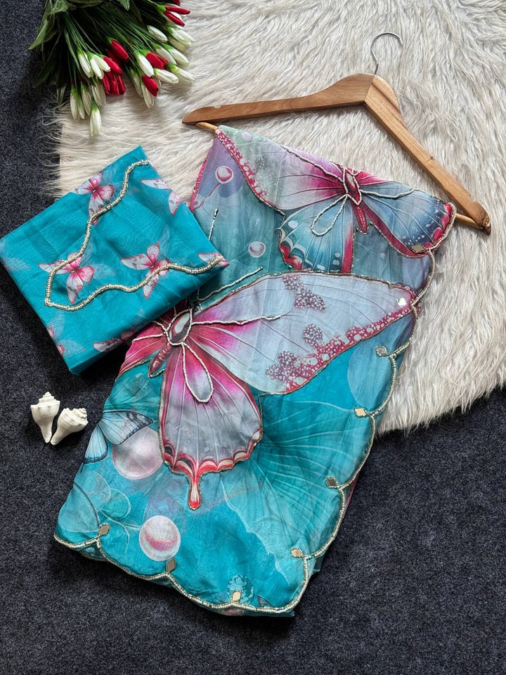 Butterfly Bloom Aqua Organza Saree with Floral Digital Print &amp; Scallop Sequin Border