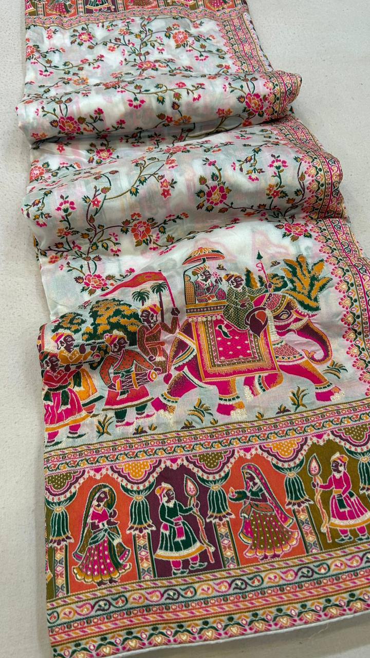 Rajwadi Pashmina Silk Saree - WHITE
