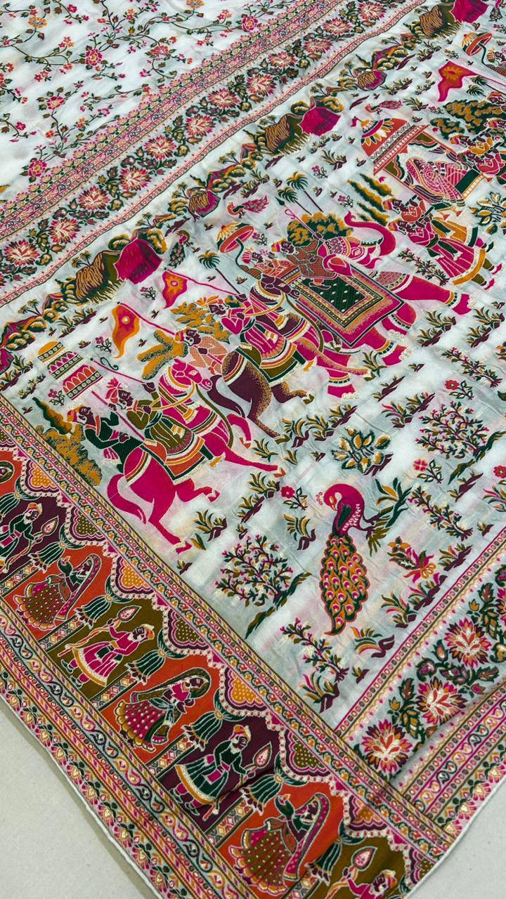 Rajwadi Pashmina Silk Saree - WHITE