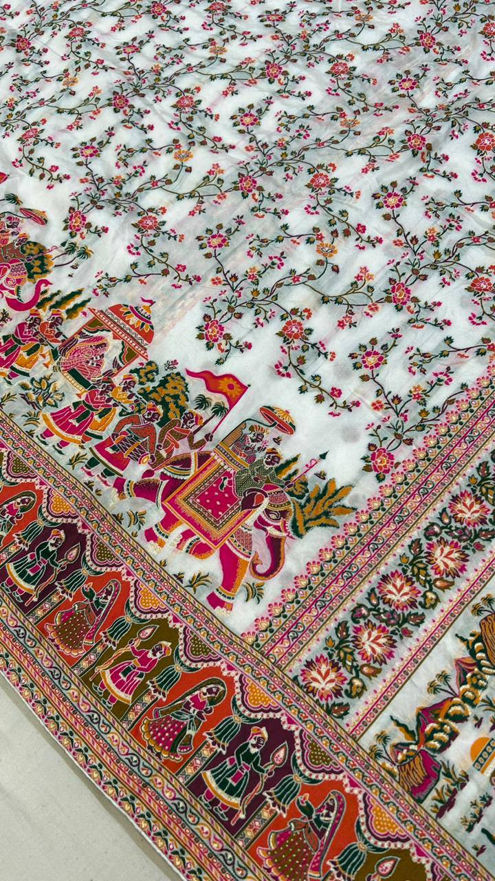 Rajwadi Pashmina Silk Saree - WHITE