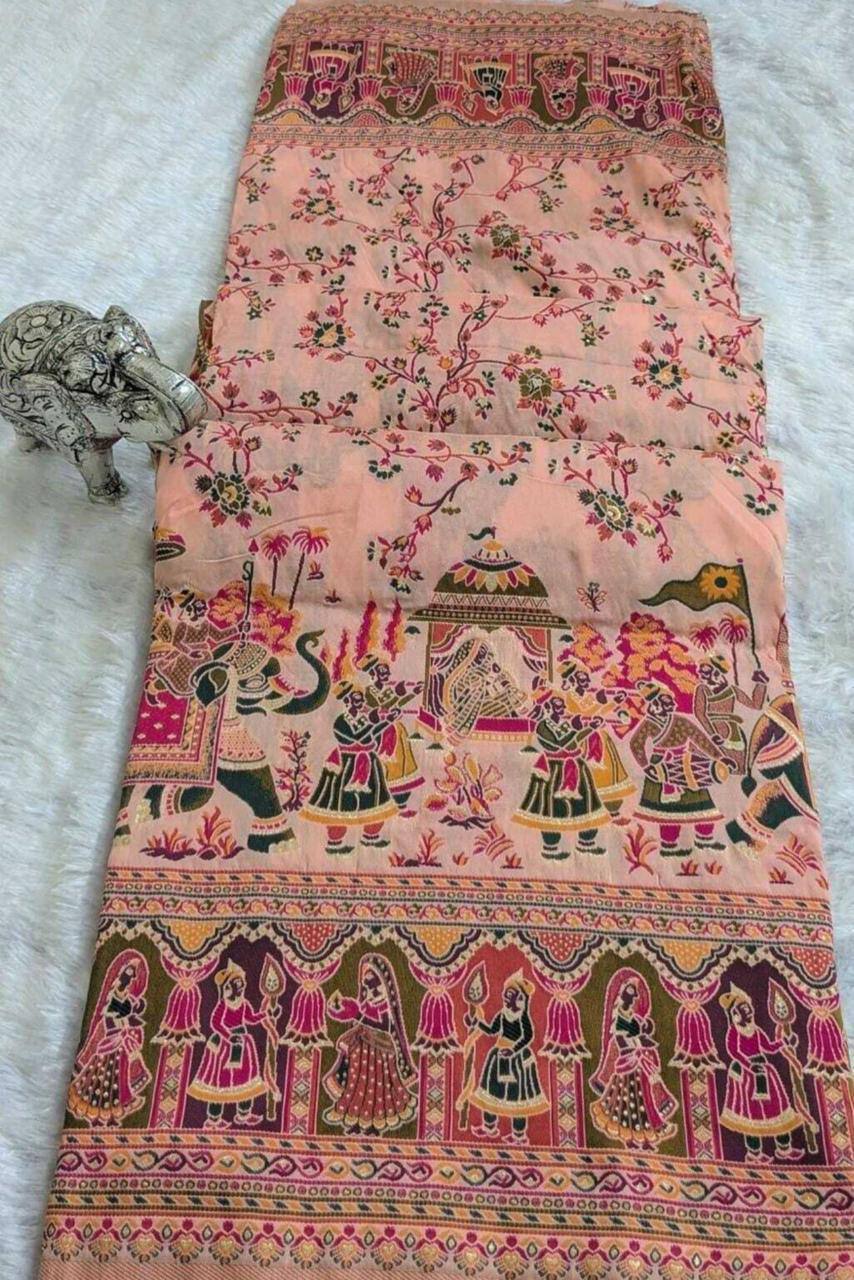 Rajwadi Pashmina Silk Saree - PEACH