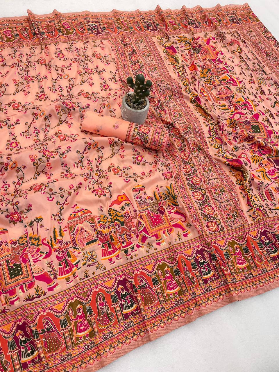 Rajwadi Pashmina Silk Saree - PEACH