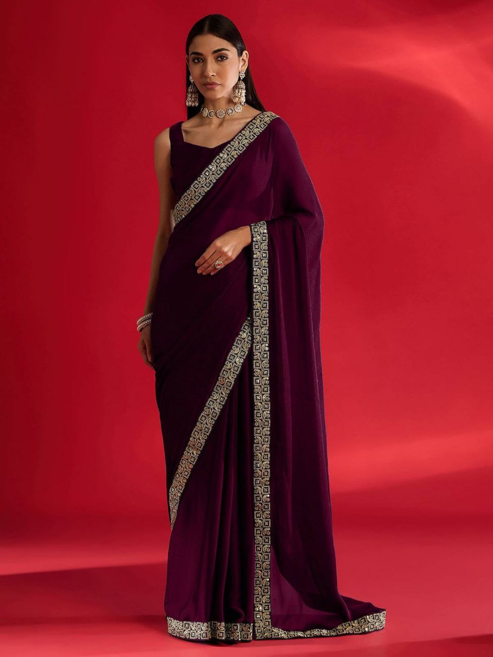 Premium Designer Saree with Intricate Embroidered Border for Festive &amp; Wedding Wear - WINE
