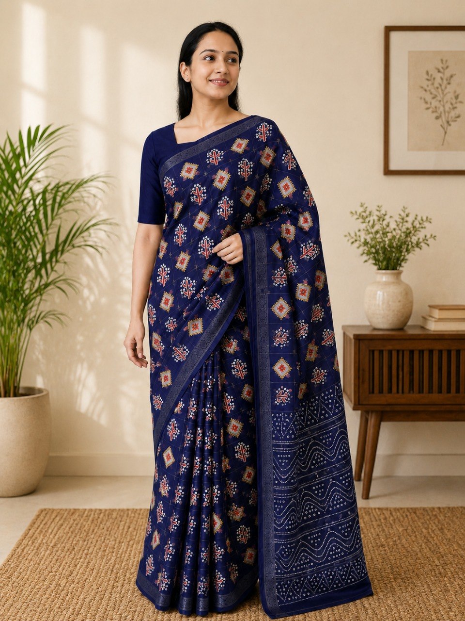 Emerald Heritage Soft Cotton Printed Saree with Elegant Zari Border -NAVY BLUE