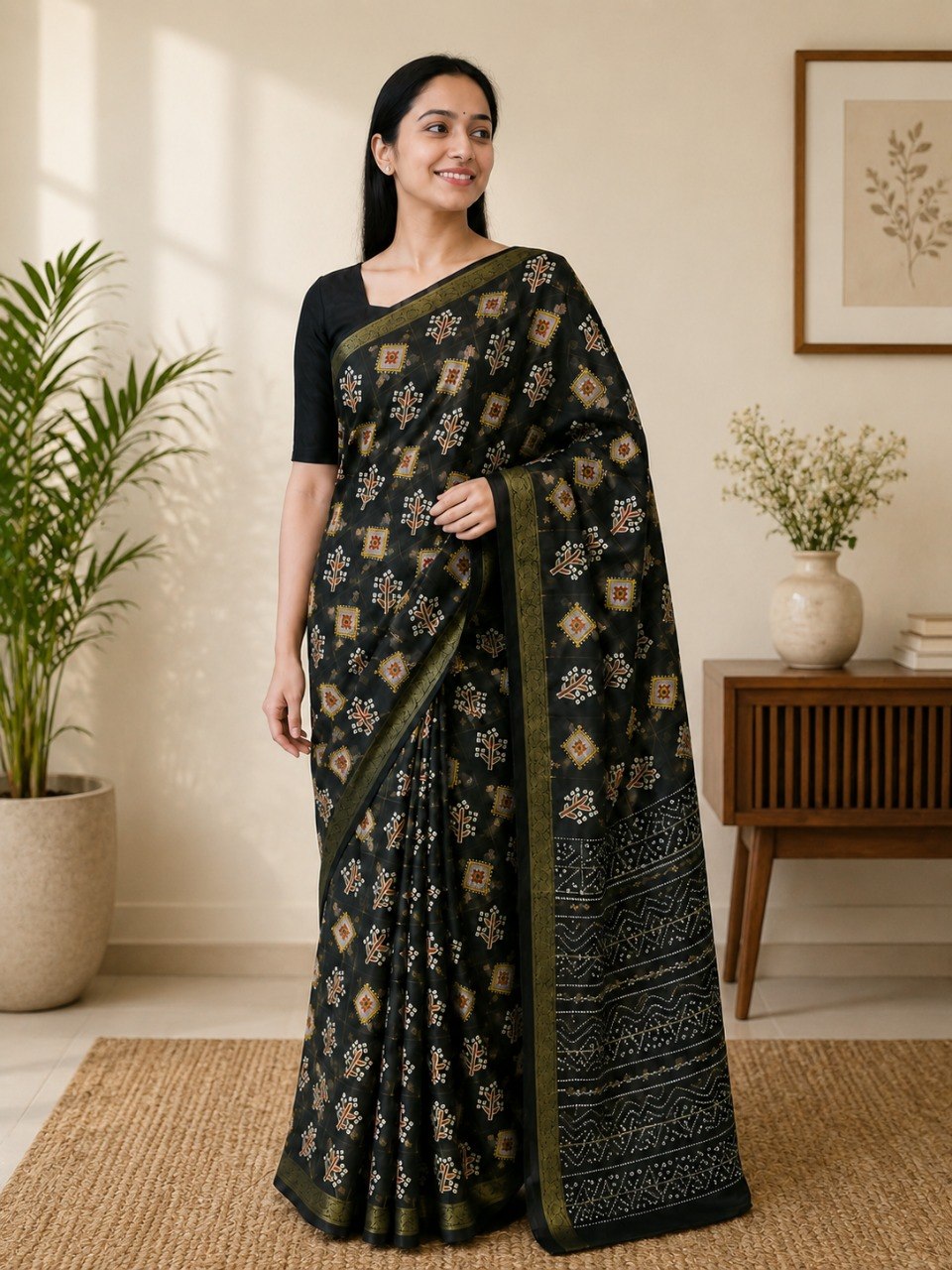 Emerald Heritage Soft Cotton Printed Saree with Elegant Zari Border - BLACK