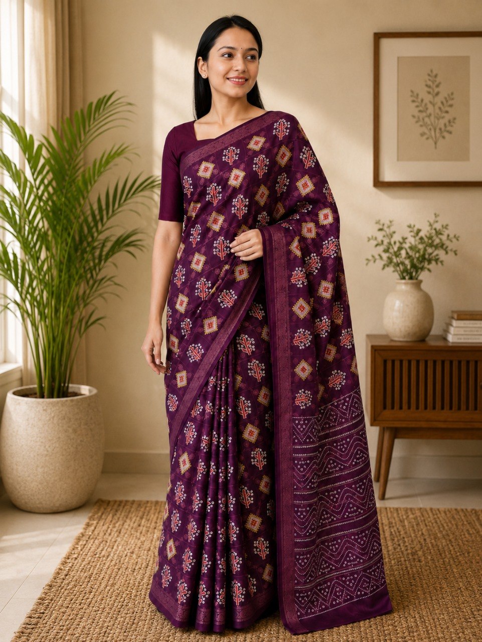 Emerald Heritage Soft Cotton Printed Saree with Elegant Zari Border - WINE