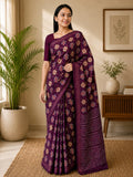Emerald Heritage Soft Cotton Printed Saree with Elegant Zari Border - WINE