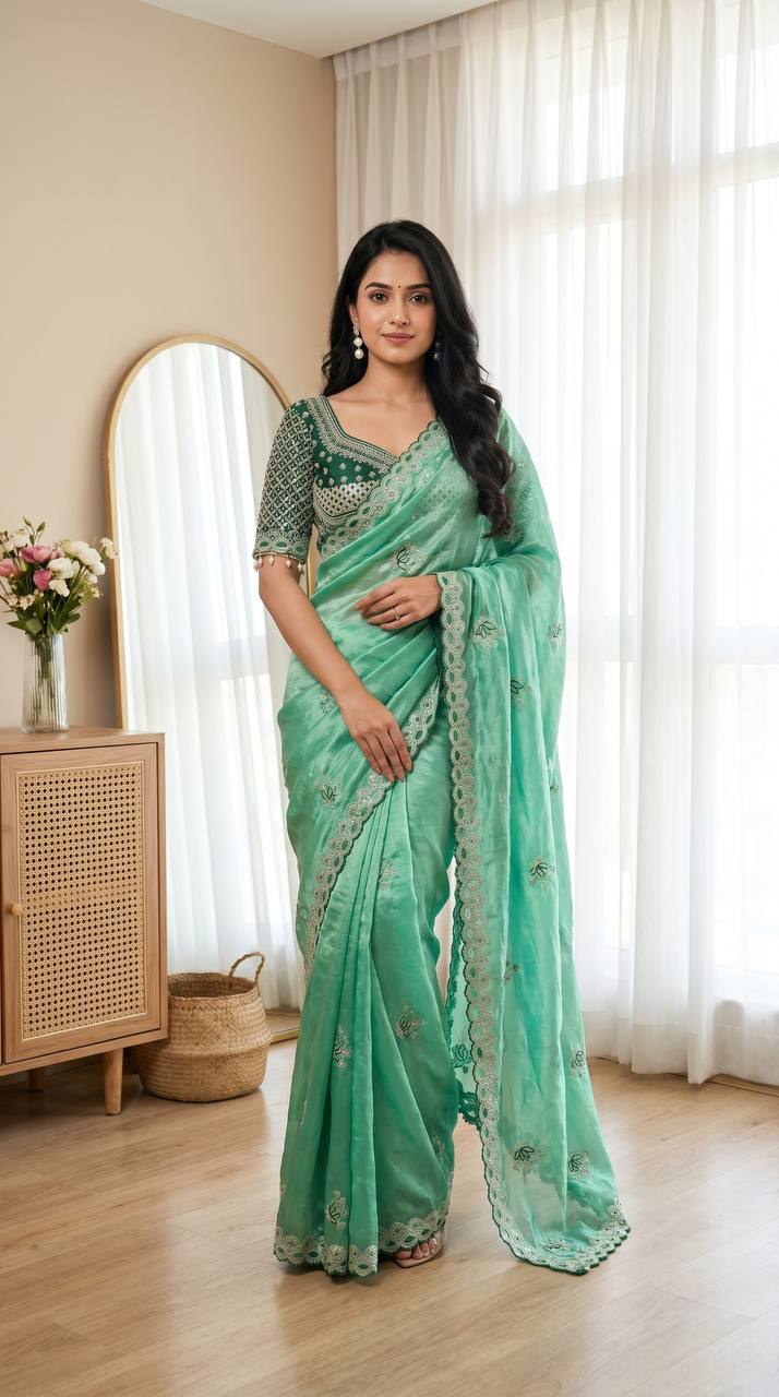 Sea Green Tissue Silk Saree with Delicate Embroidery &amp; Designer Lace Border