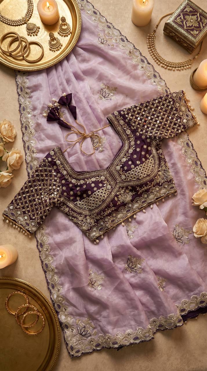 Purple Tissue Silk Saree with Delicate Embroidery &amp; Designer Lace Border