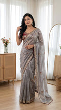 Grey Tissue Silk Saree with Delicate Embroidery & Designer Lace Border