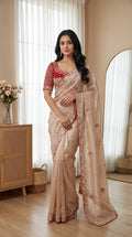 Golden Tissue Silk Saree with Delicate Embroidery & Designer Lace Border