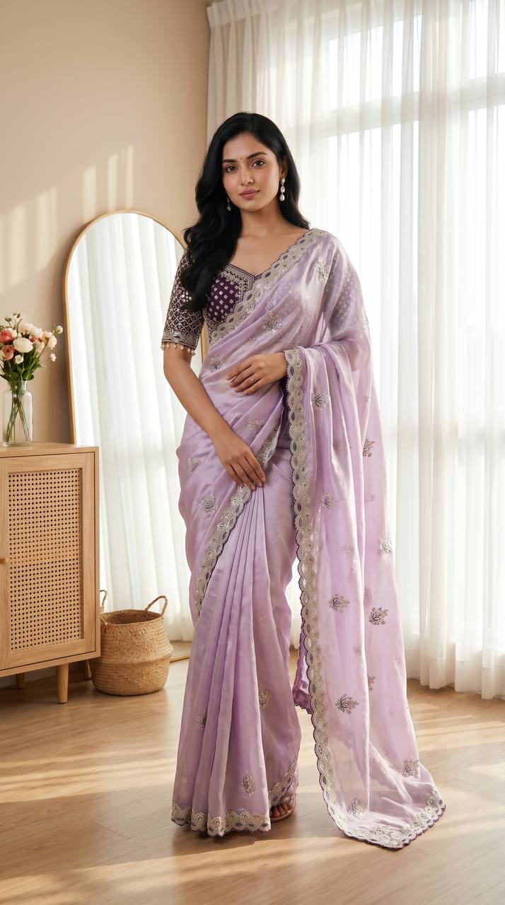 Purple Tissue Silk Saree with Delicate Embroidery &amp; Designer Lace Border