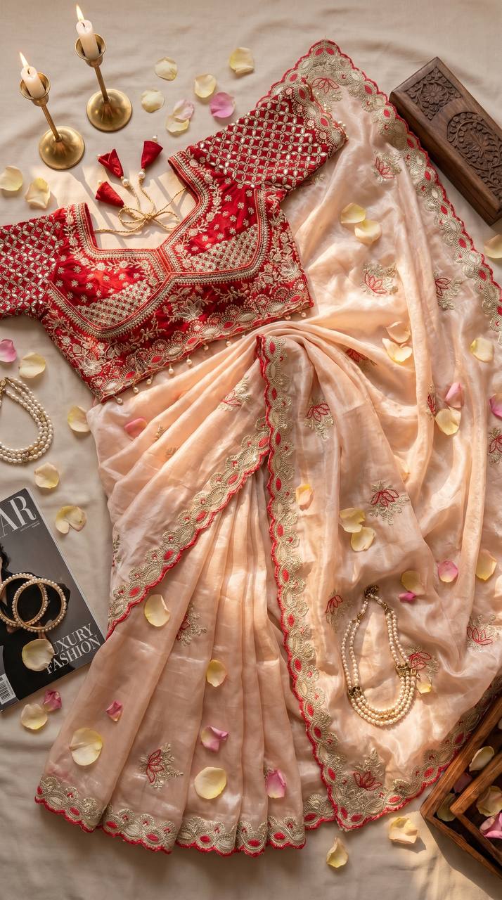 Golden Tissue Silk Saree with Delicate Embroidery &amp; Designer Lace Border
