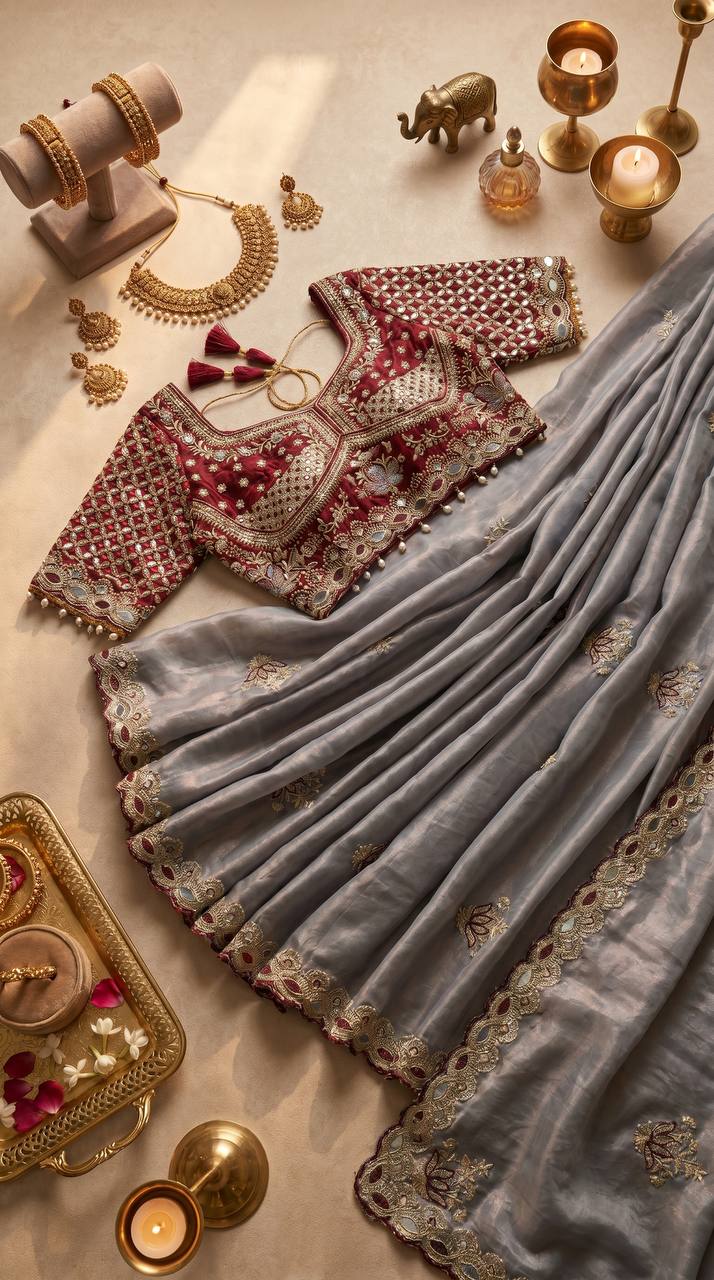 Grey Tissue Silk Saree with Delicate Embroidery &amp; Designer Lace Border