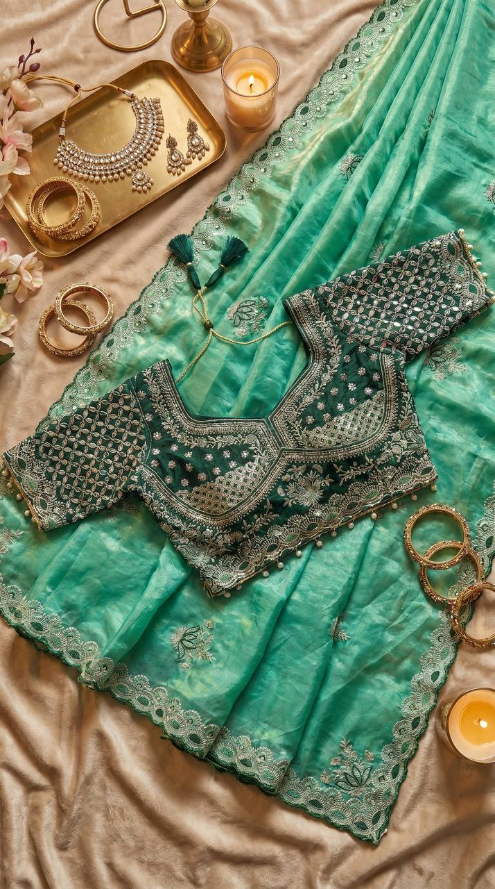 Sea Green Tissue Silk Saree with Delicate Embroidery &amp; Designer Lace Border