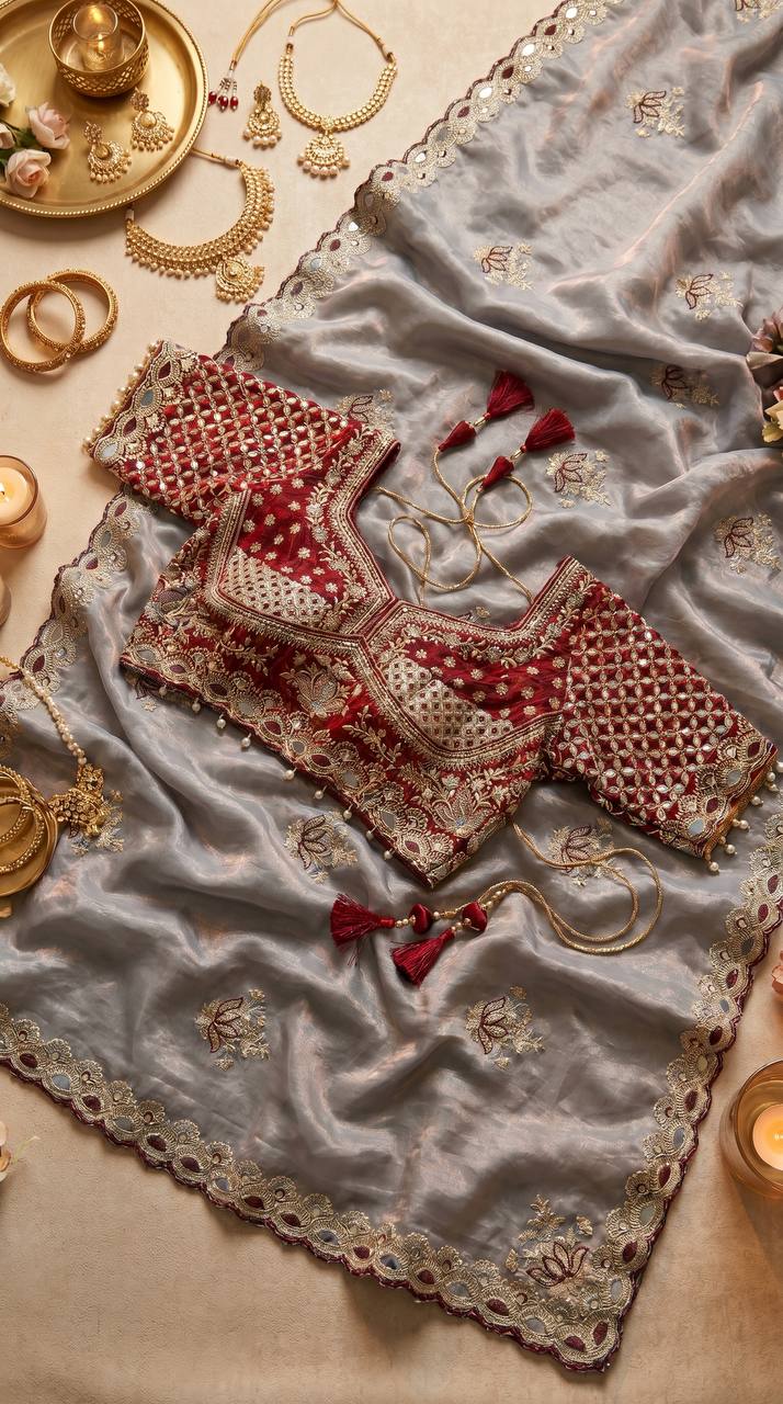 Grey Tissue Silk Saree with Delicate Embroidery &amp; Designer Lace Border