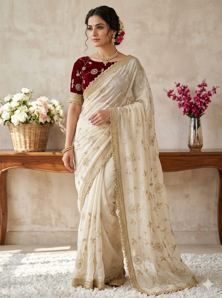 Premium Fendy Satin Space Silk Saree with Full Sequence Work | Designer Kiran Lace Border Saree with Contrast Blouse Piece