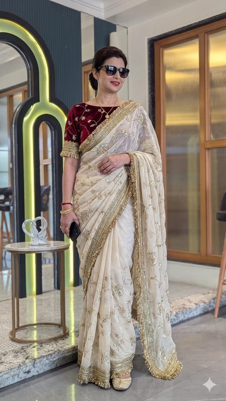 Premium Fendy Satin Space Silk Saree with Full Sequence Work | Designer Kiran Lace Border Saree with Contrast Blouse Piece