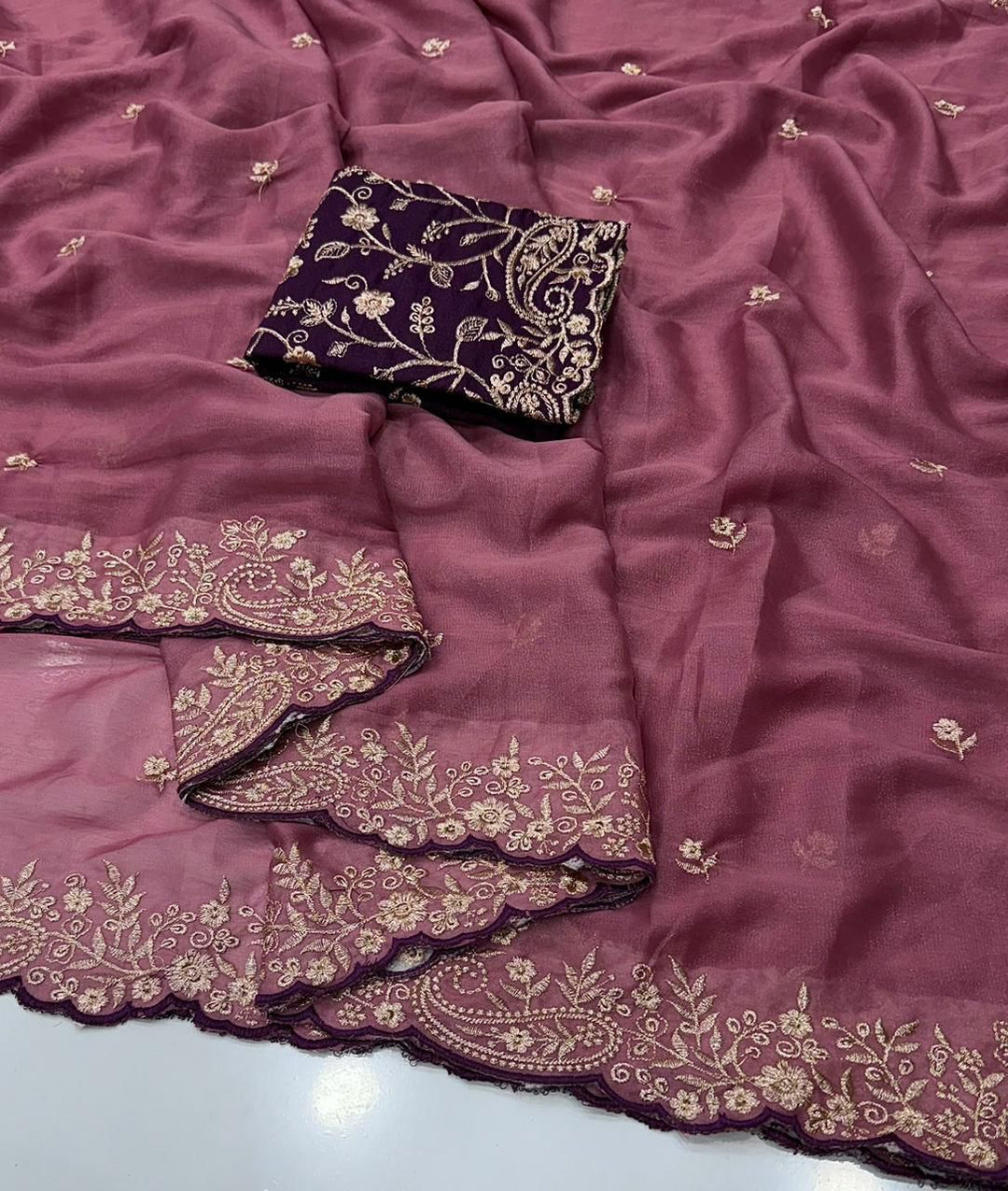 Moonlit Elegance Premium Star Georgette Saree With Multi Embroidery Designer Border - PINK