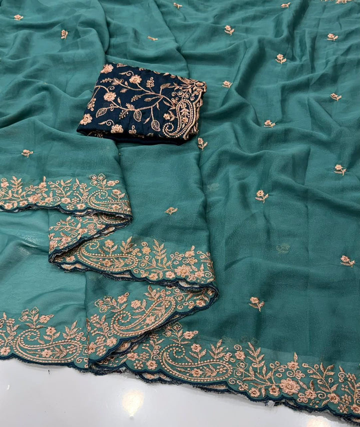 Moonlit Elegance Premium Star Georgette Saree With Multi Embroidery Designer Border - SKY