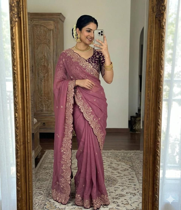 Moonlit Elegance Premium Star Georgette Saree With Multi Embroidery Designer Border - PINK