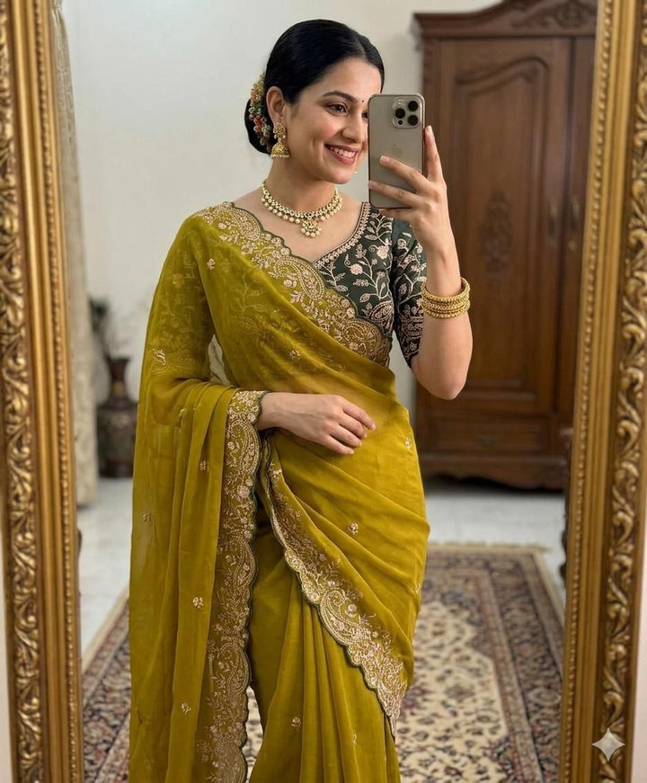 Moonlit Elegance Premium Star Georgette Saree With Multi Embroidery Designer Border - YELLOW