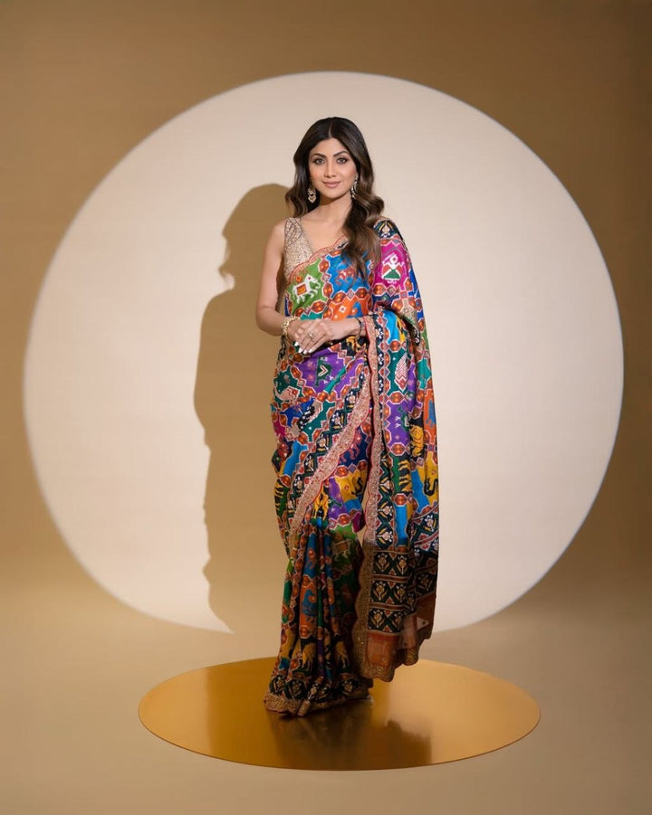 Royal Patola Georgette Saree with Swarovski Diamond Work &amp; Designer Mono Silk Blouse