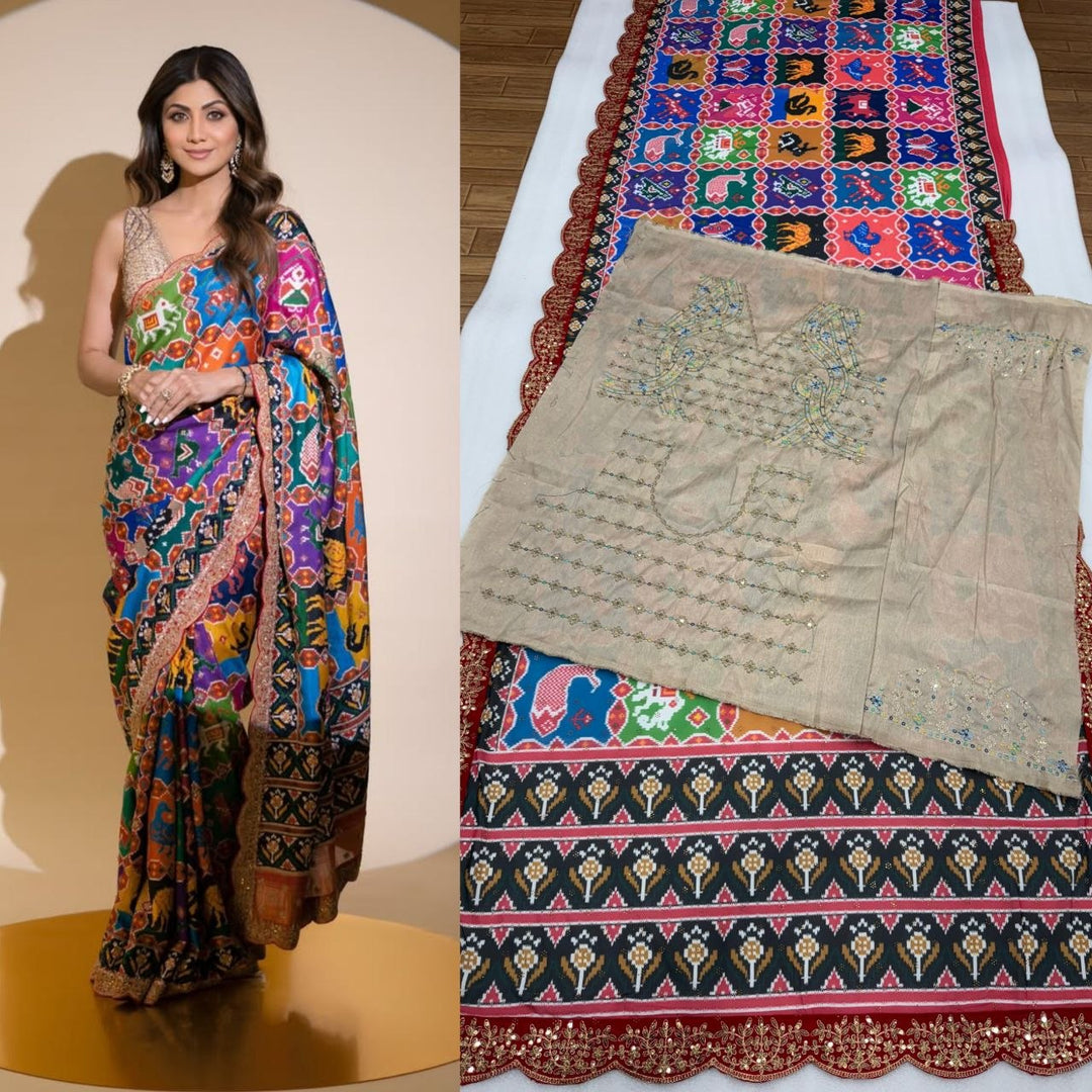 Royal Patola Georgette Saree with Swarovski Diamond Work &amp; Designer Mono Silk Blouse