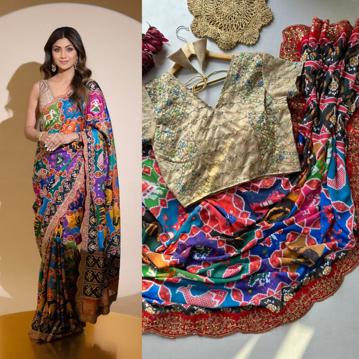 Royal Patola Georgette Saree with Swarovski Diamond Work &amp; Designer Mono Silk Blouse