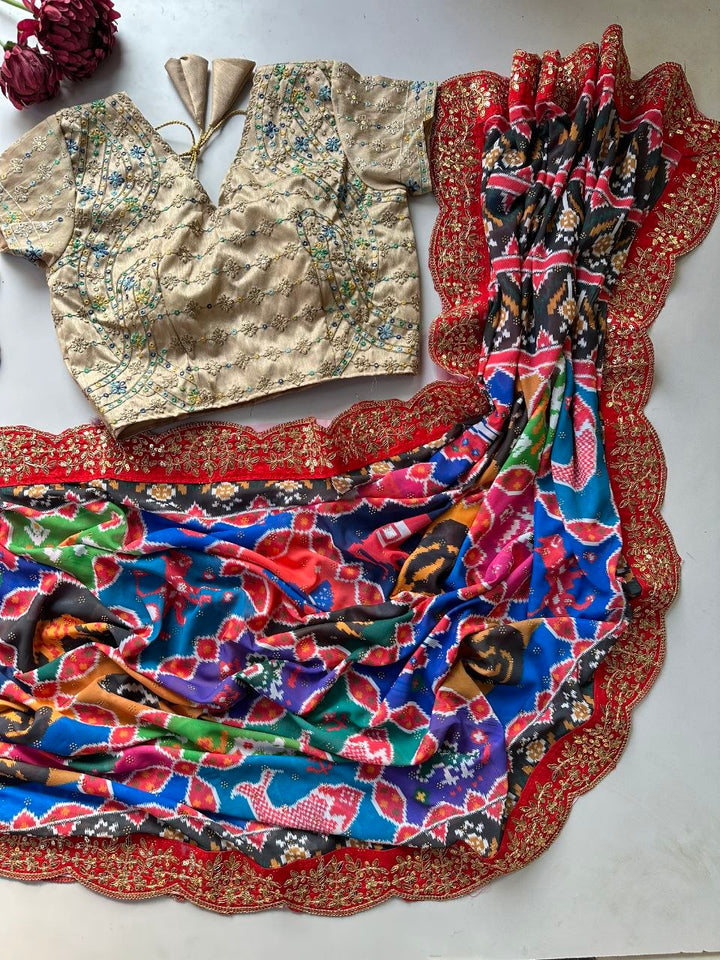 Royal Patola Georgette Saree with Swarovski Diamond Work &amp; Designer Mono Silk Blouse