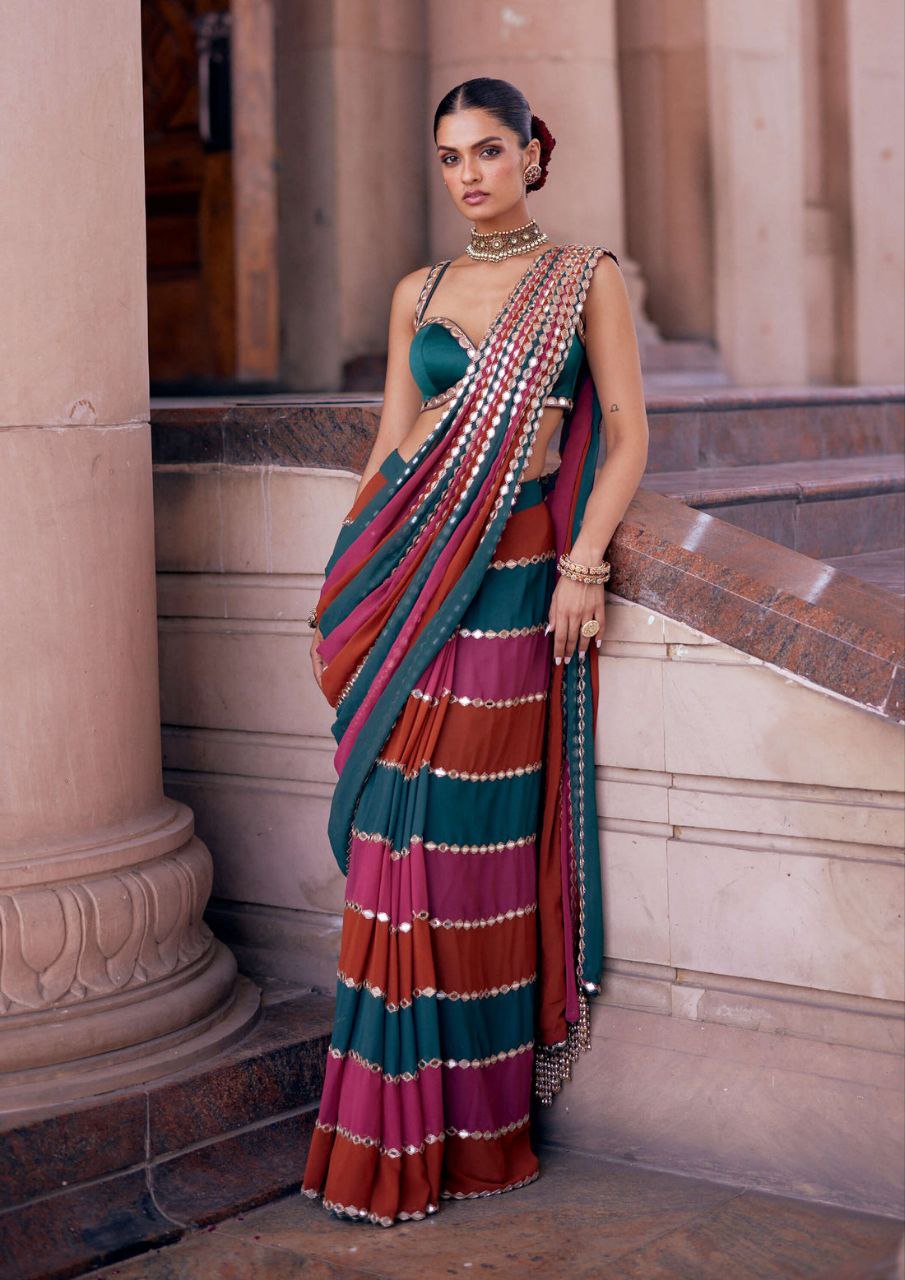 Mehira Stripe Mirror Work Festive Saree