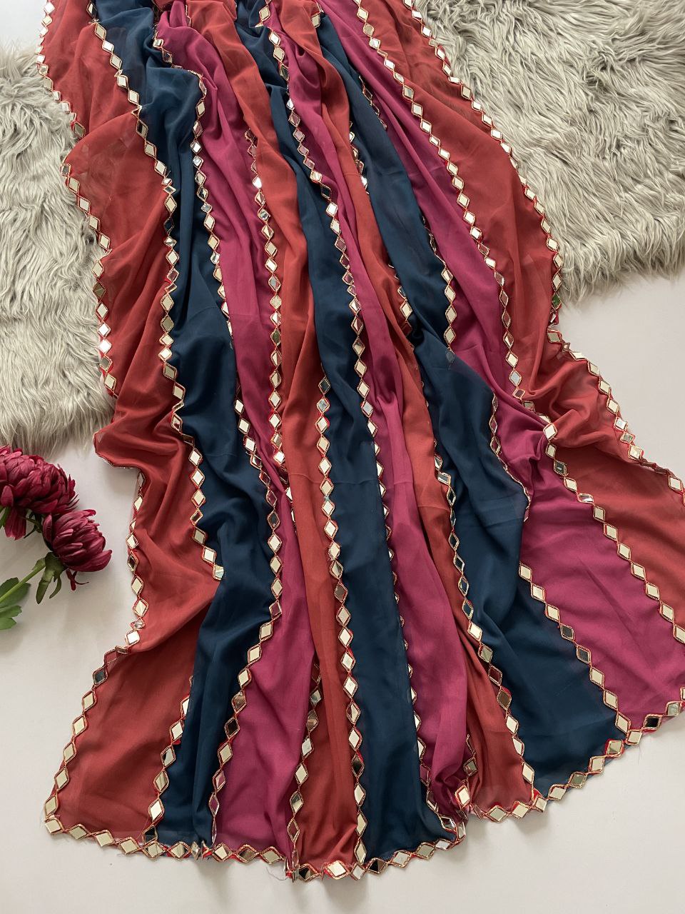 Mehira Stripe Mirror Work Festive Saree