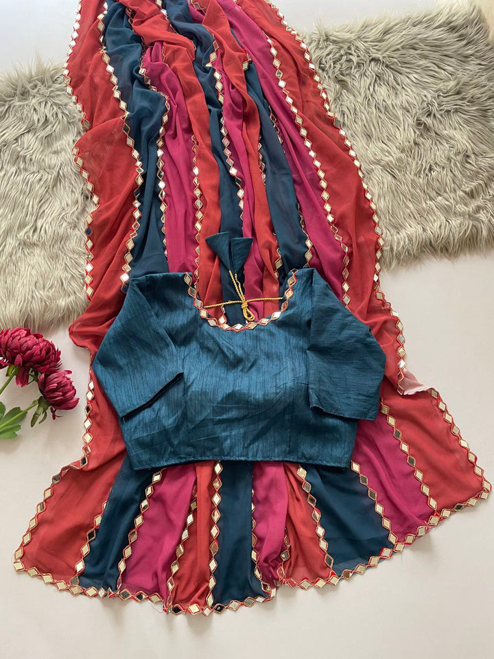 Mehira Stripe Mirror Work Festive Saree