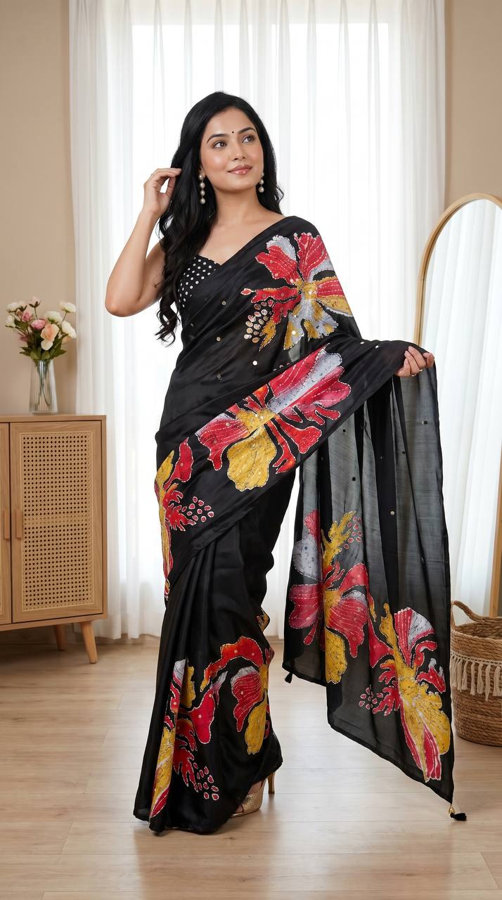 Black Floral Print Designer Saree with Stylish Blouse