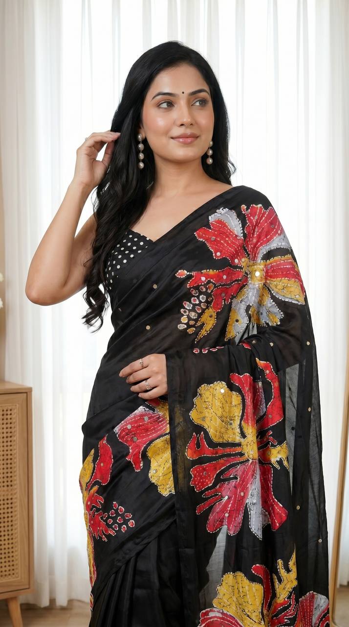 Black Floral Print Designer Saree with Stylish Blouse