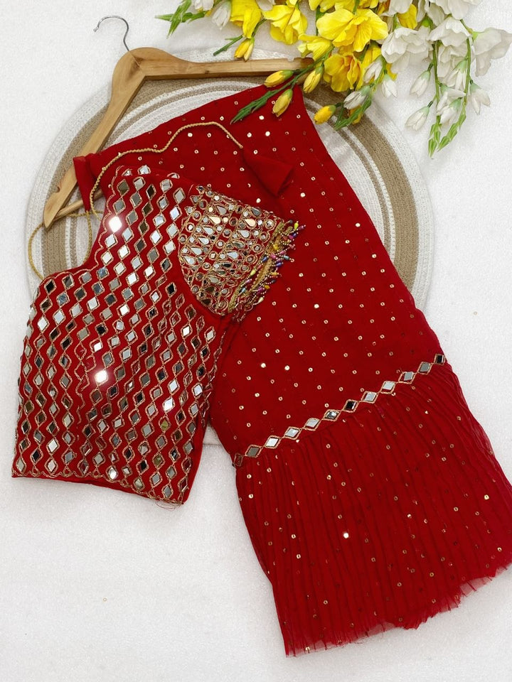 Bollywood Diva Faux Georgette Crush Pleated Sequins Saree with Mirror Work Stitched Blouse