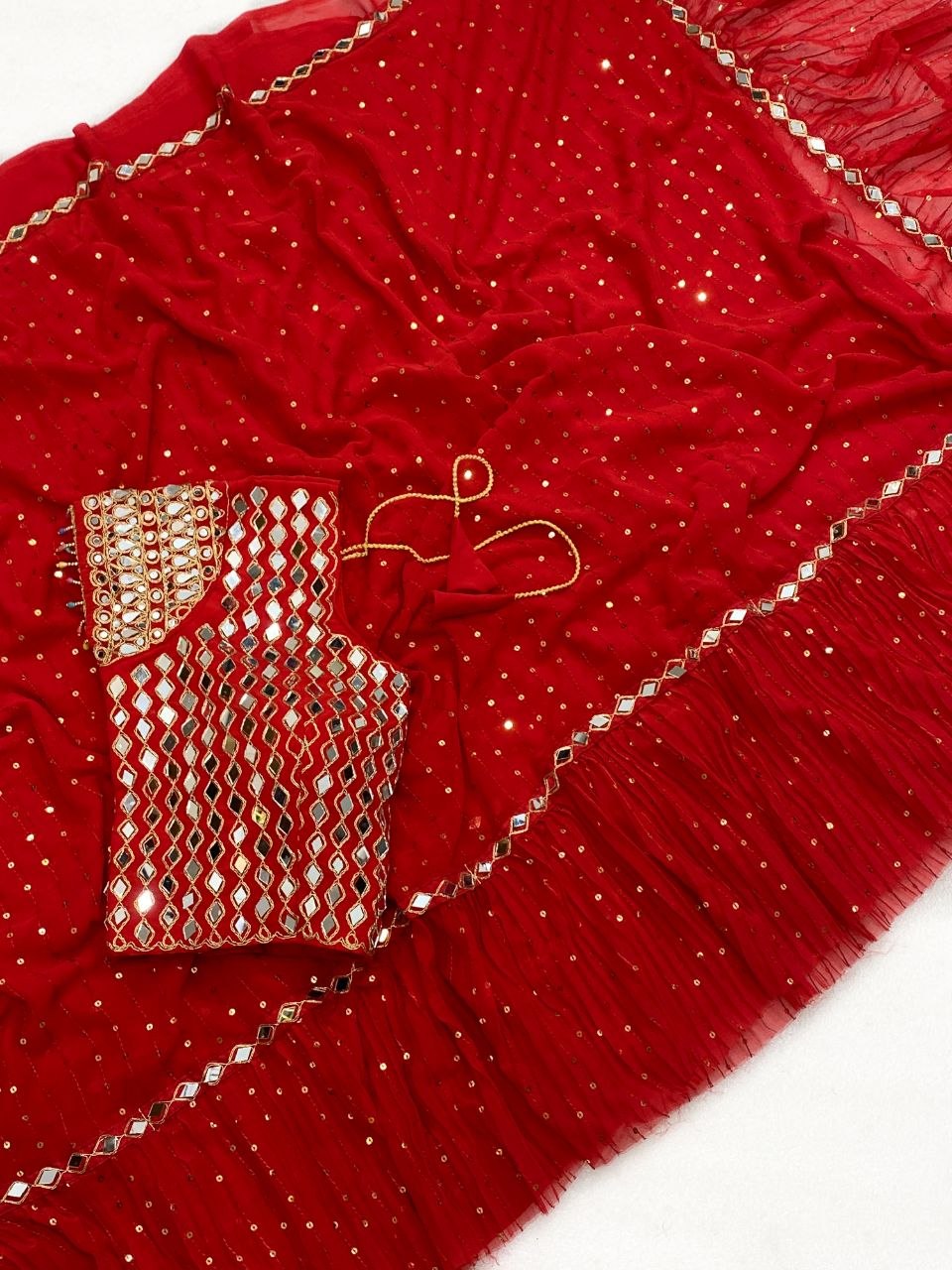 Bollywood Diva Faux Georgette Crush Pleated Sequins Saree with Mirror Work Stitched Blouse