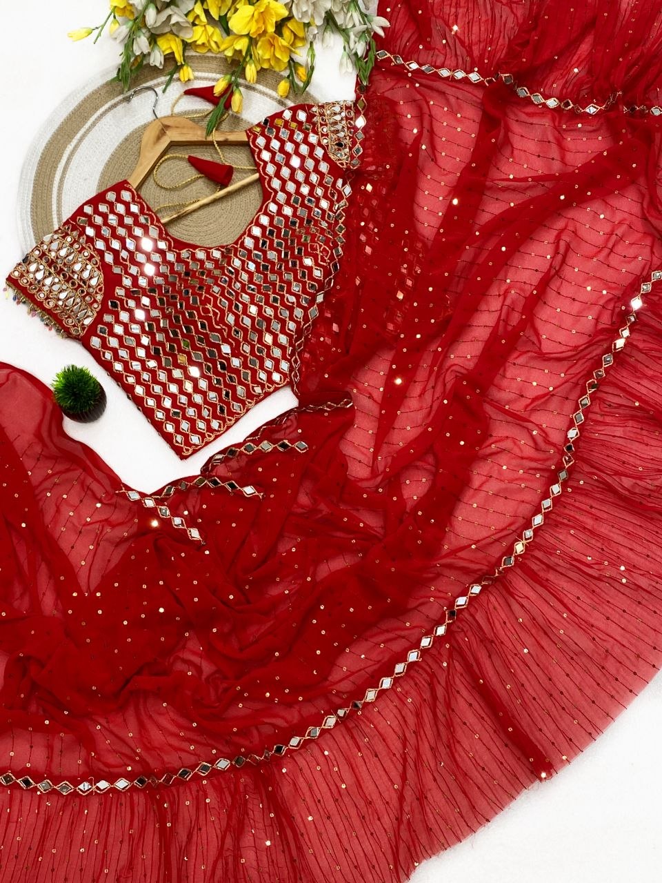Bollywood Diva Faux Georgette Crush Pleated Sequins Saree with Mirror Work Stitched Blouse