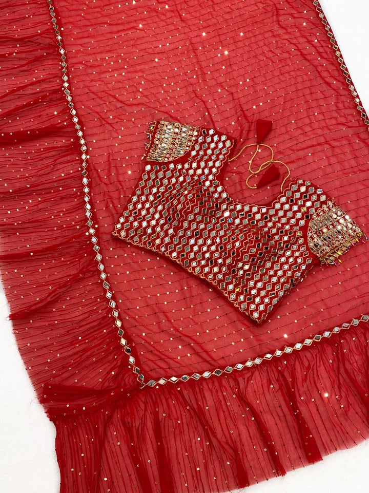 Bollywood Diva Faux Georgette Crush Pleated Sequins Saree with Mirror Work Stitched Blouse