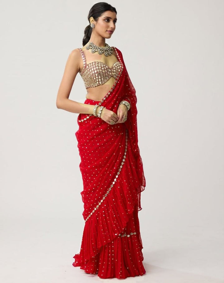 Bollywood Diva Faux Georgette Crush Pleated Sequins Saree with Mirror Work Stitched Blouse
