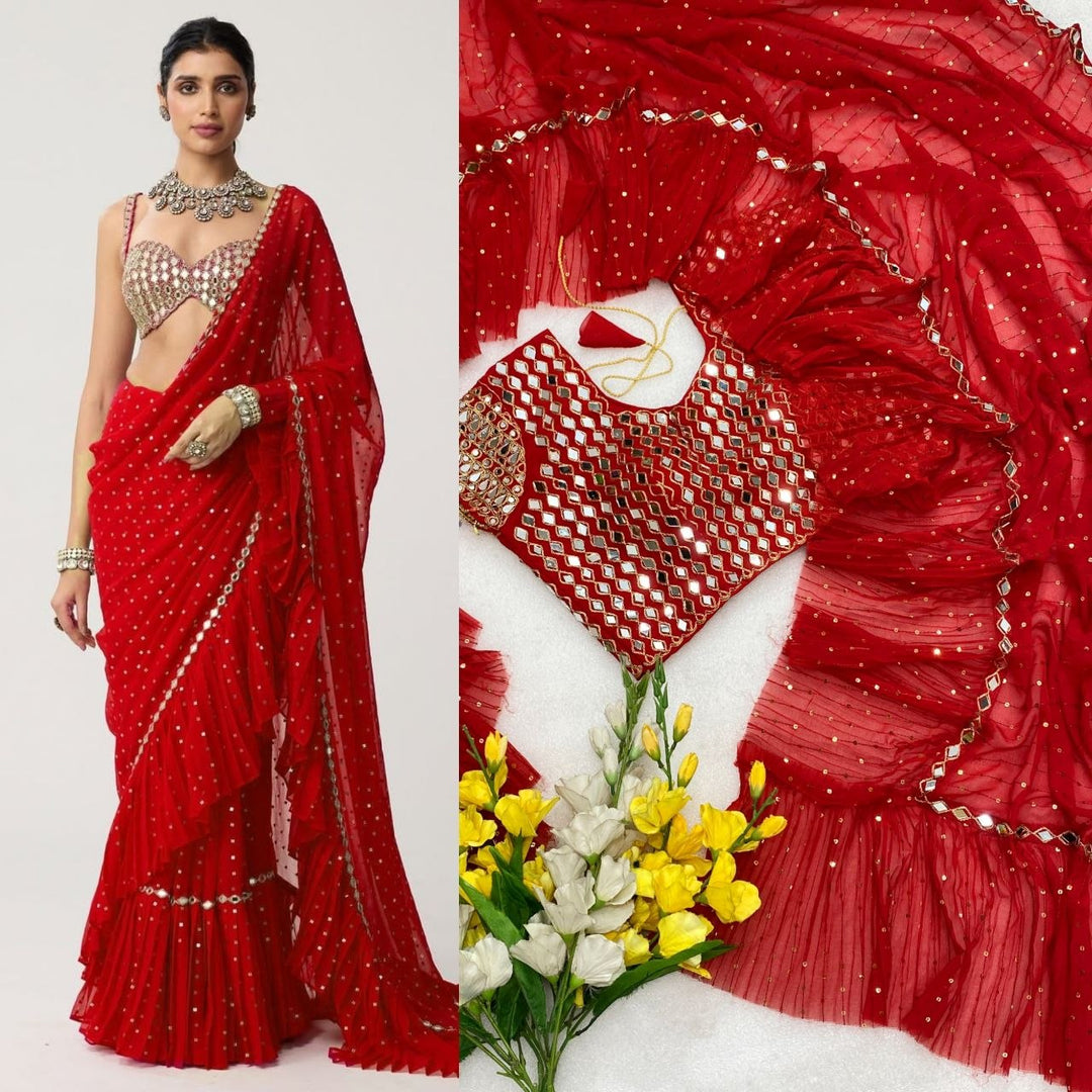 Bollywood Diva Faux Georgette Crush Pleated Sequins Saree with Mirror Work Stitched Blouse