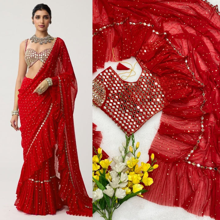 Bollywood Diva Faux Georgette Crush Pleated Sequins Saree with Mirror Work Stitched Blouse