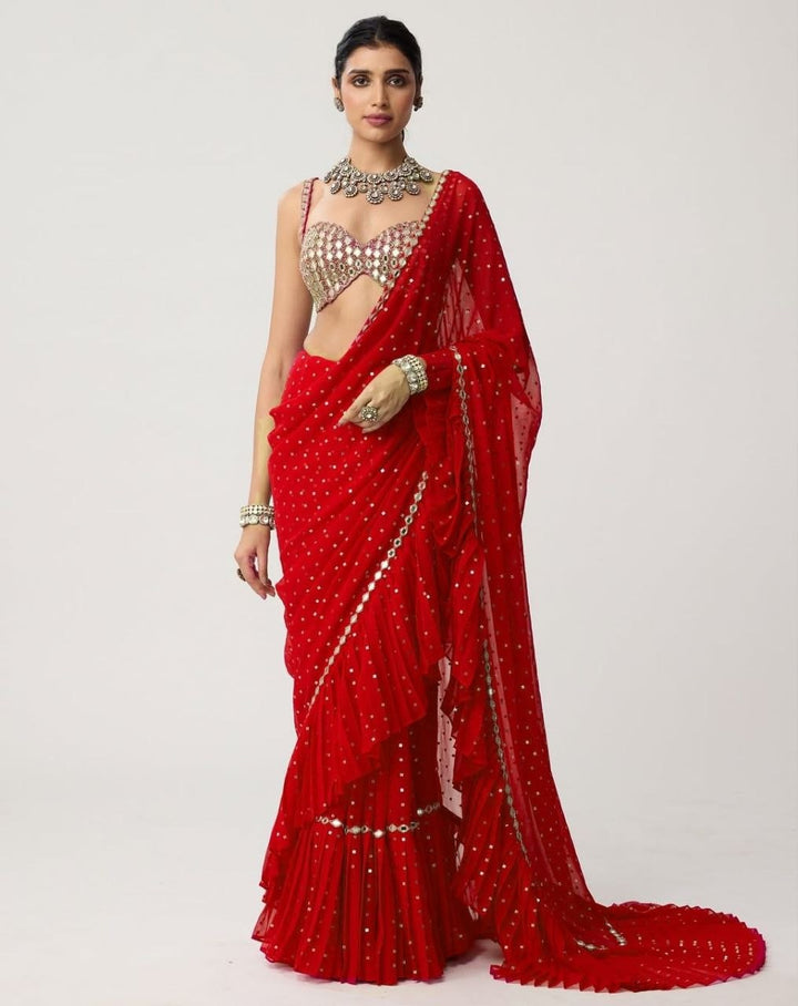 Bollywood Diva Faux Georgette Crush Pleated Sequins Saree with Mirror Work Stitched Blouse
