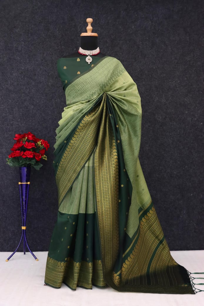Royal Magenta &amp; Midnight Black Heritage Silk Saree with Antique Gold Zari Border - GREEN