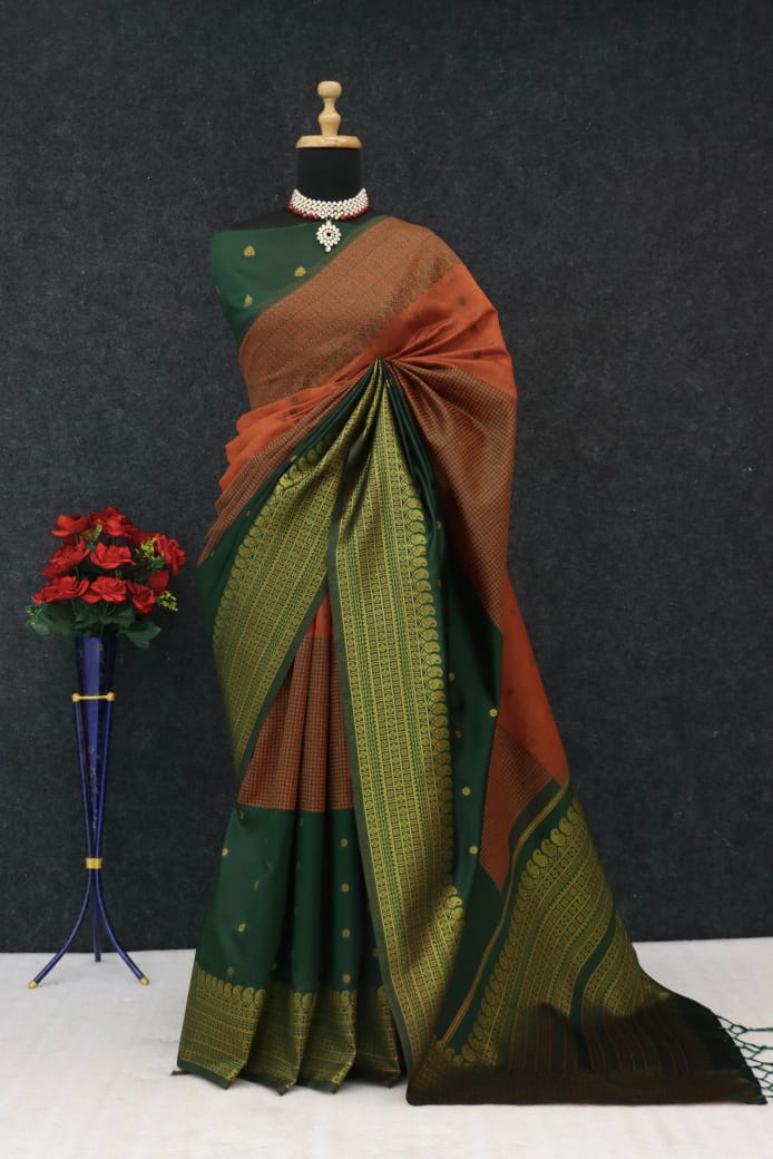 Royal Magenta &amp; Midnight Black Heritage Silk Saree with Antique Gold Zari Border - ORANGE